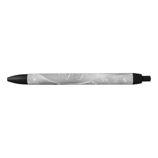 Silver Glitter Glam Bling Personalized Metallic Zwarte Inkt Pen (Voorkant)