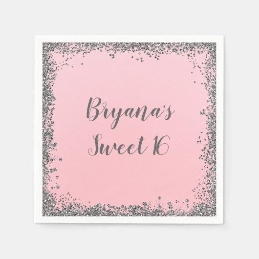 Silver Glitter Glam Edge Sweet 16 Custom Party Servetten (Voorkant)