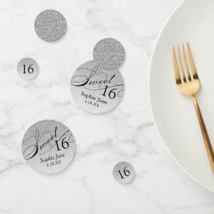 Silver Glitter Glam Gepersonaliseerde Sweet 16 Con Confetti