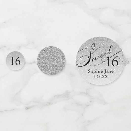 Silver Glitter Glam Gepersonaliseerde Sweet 16 Con Confetti (Voorkanten)