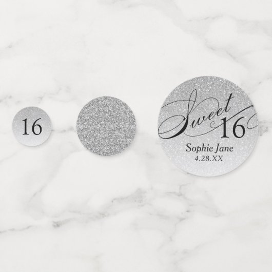 Silver Glitter Glam Gepersonaliseerde Sweet 16 Con Confetti (Achterkanten)
