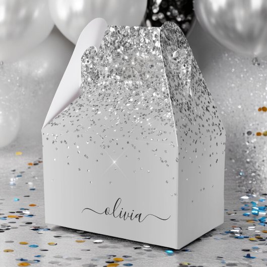 Silver Glitter Glam Metal Monogram Naam Bedankdoosjes