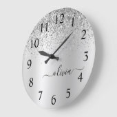 Silver Glitter Glam Metal Monogram Naam Grote Klok (Hoek)