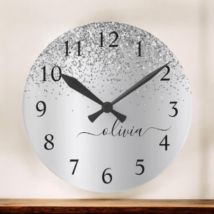 Silver Glitter Glam Metal Monogram Naam Ronde Klok