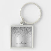 Silver Glitter Glam Metal Monogram Naam Sleutelhanger (Voorkant)
