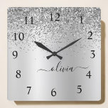 Silver Glitter Glam Metal Monogram Naam Vierkante Klok<br><div class="desc">Silver Faux Foil Metallic Sparkle Glitter Brushed Metal Monogram Name Clock. This makes the perfect sweet 16 birthday,  wedding,  bridal shower,  verjaarary,  baby shower or bachelorette party gift for someone that loves glam luxury and chic styles.</div>