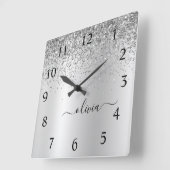 Silver Glitter Glam Metal Monogram Naam Vierkante Klok (Hoek)