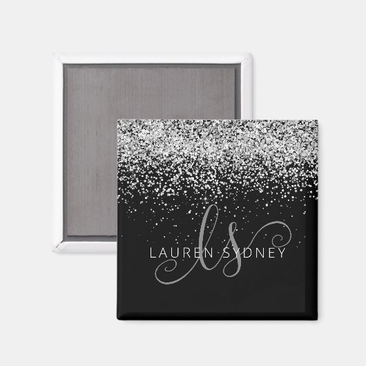 Silver Glitter Glam Monogram Naam Magneet (Voorkant / Achterkant)