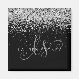Silver Glitter Glam Monogram Naam Magneet