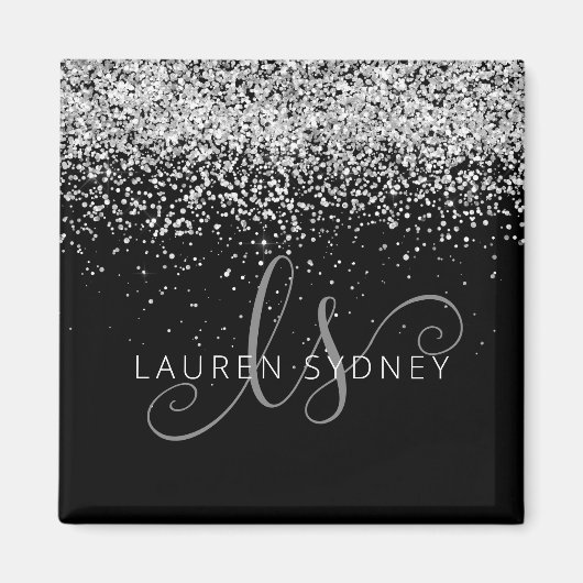 Silver Glitter Glam Monogram Naam Magneet (Voorkant)
