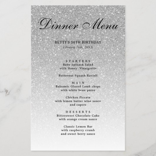 Silver Glitter Glam Party Menu (Voorkant)
