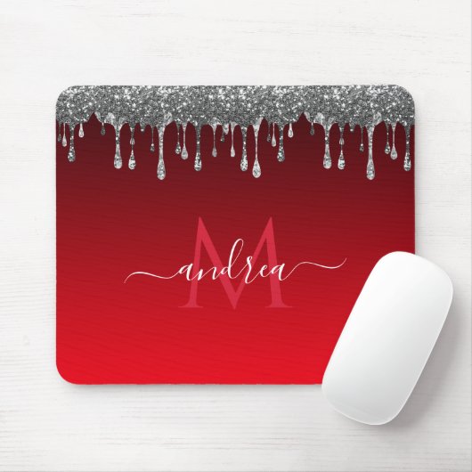 Silver Glitter Glam Red Gradient Monogram & Naam Muismat (Met muis)