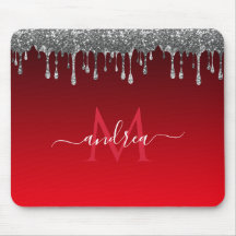Silver Glitter Glam Red Gradient Monogram & Naam