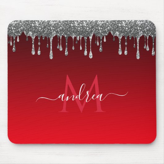 Silver Glitter Glam Red Gradient Monogram & Naam Muismat (Voorkant)
