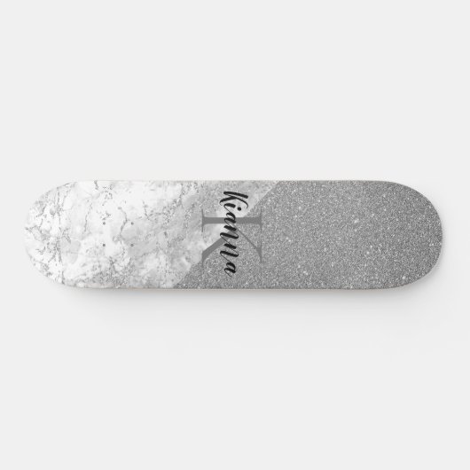 Silver Glitter Glam Silver Marble Monogram Persoonlijk Skateboard (Horizontaal)
