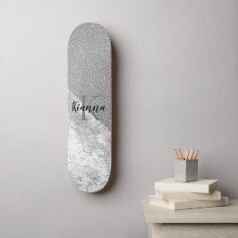 Silver Glitter Glam Silver Marble Monogram Persoonlijk Skateboard