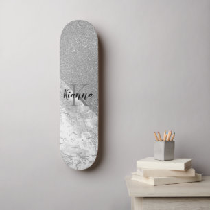 Silver Glitter Glam Silver Marble Monogram Persoonlijk Skateboard