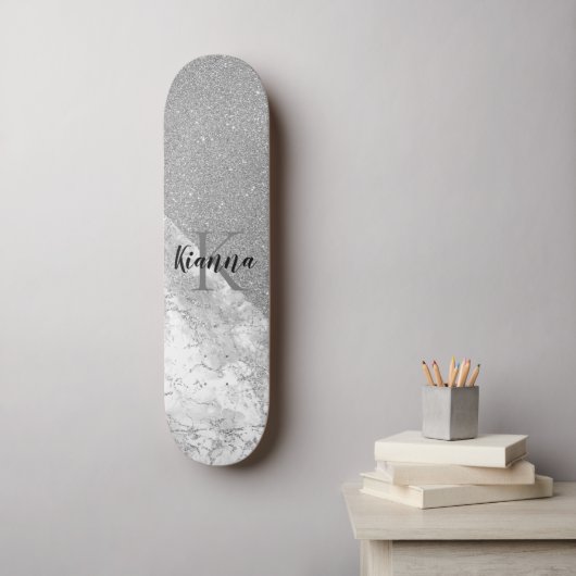 Silver Glitter Glam Silver Marble Monogram Persoonlijk Skateboard (Muurkunst)