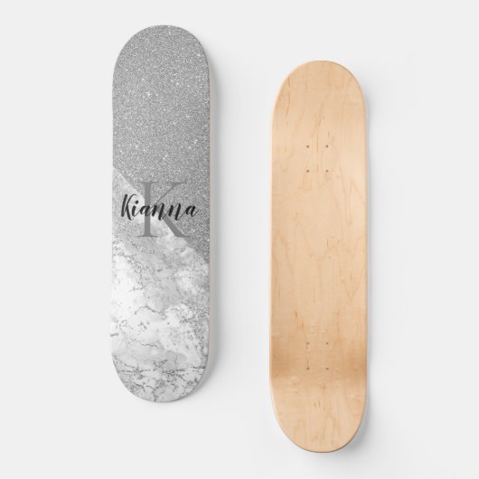 Silver Glitter Glam Silver Marble Monogram Persoonlijk Skateboard (Voorkant)