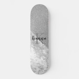 Silver Glitter Glam Silver Marble Monogram Persoonlijk Skateboard