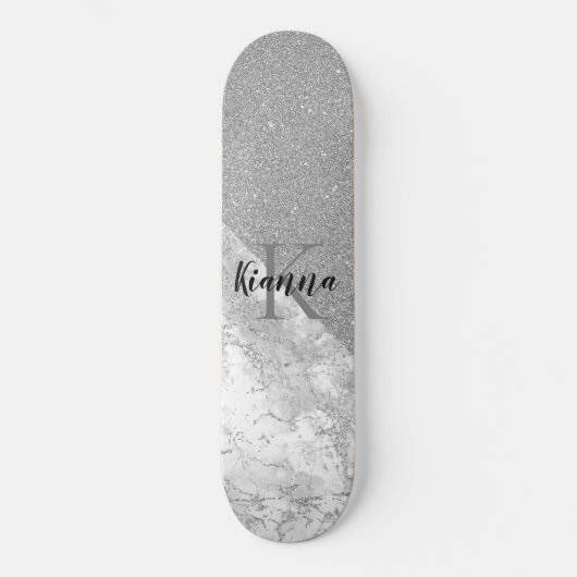 Silver Glitter Glam Silver Marble Monogram Persoonlijk Skateboard (Voorkant)