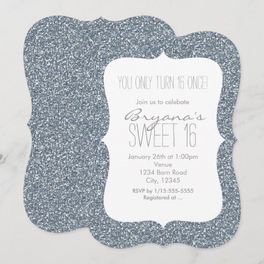 Silver Glitter Glam Sweet 16 Birthday-uitnodiginge Kaart (Voorkant / Achterkant)