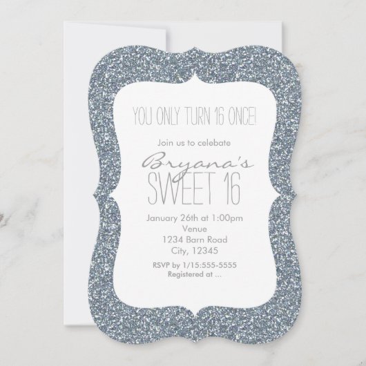 Silver Glitter Glam Sweet 16 Birthday-uitnodiginge Kaart (Voorkant)