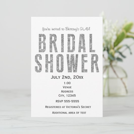 Silver Glitter Glam Vrijgezellenfeest Chic Invitat Kaart (Staand voorkant)