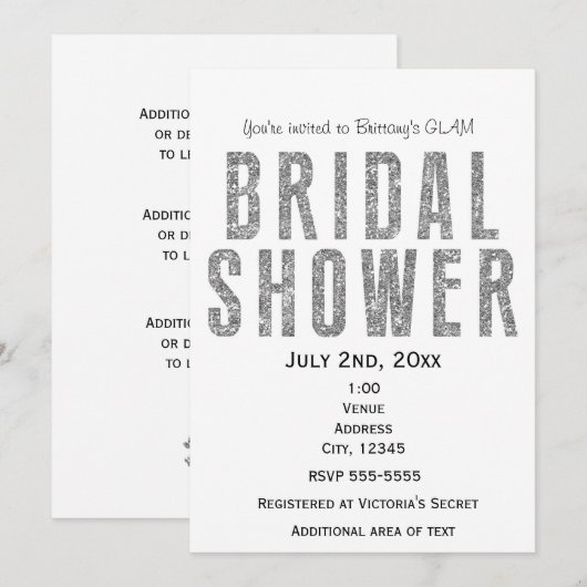 Silver Glitter Glam Vrijgezellenfeest Chic Invitat Kaart (Voorkant / Achterkant)