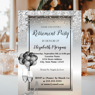 Silver Glitter, Glass, Ballons Retirement Party Kaart
