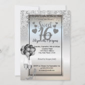 Silver Glitter, Glass, Ballons Sweet 16 Party Kaart (Voorkant)