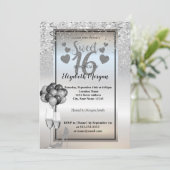Silver Glitter, Glass, Ballons Sweet 16 Party Kaart (Staand voorkant)