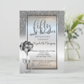 Silver Glitter Glass, Balloons 50th Birthday Party Kaart (Staand voorkant)