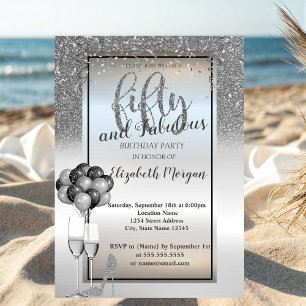 Silver Glitter Glass, Balloons 50th Birthday Party Kaart