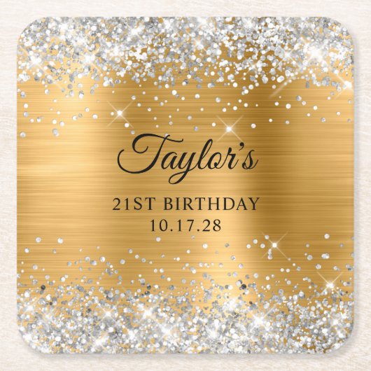 Silver Glitter Gold Foil 21st Birthday Kartonnen Onderzetters (Voorkant)
