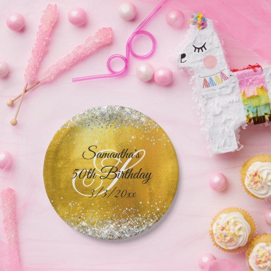 Silver Glitter Gold Foil 50th Birthday Papieren Bordje (Feest)