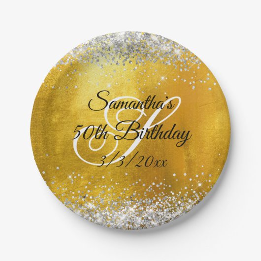Silver Glitter Gold Foil 50th Birthday Papieren Bordje (Voorkant)