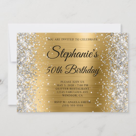 Silver Glitter Gold Foil Monogram 50e verjaardag Kaart (Voorkant)