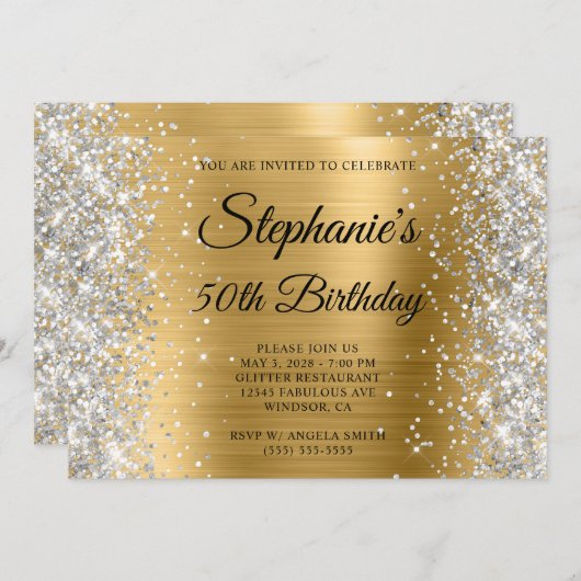 Silver Glitter Gold Foil Monogram 50e verjaardag Kaart (Voorkant / Achterkant)
