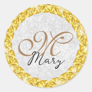 Silver Glitter Gold Jewel Lijst Monogram Ronde Sticker