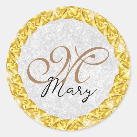Silver Glitter Gold Jewel Lijst Monogram Ronde Sticker (Voorkant)