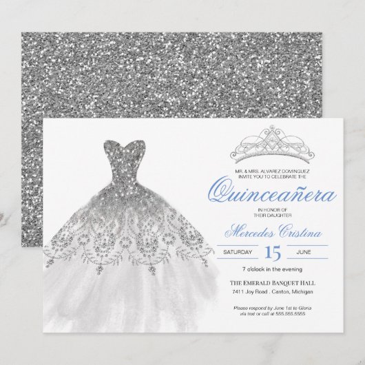 Silver Glitter Gown Elegant Quinceañera Kaart (Voorkant / Achterkant)