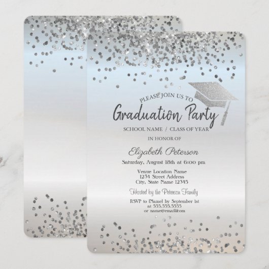Silver Glitter Graduation Cap Confetti Afstuderen Kaart (Voorkant / Achterkant)