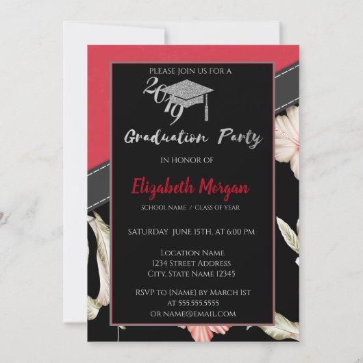 Silver Glitter Graduation Cap, Flowers Kaart (Voorkant)