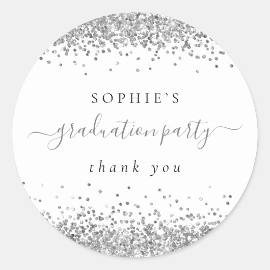 Silver Glitter Graduation Party Dank u Ronde Sticker (Voorkant)
