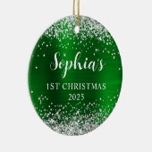 Silver Glitter Green Faux Foil 1st Christmas Photo Keramisch Ornament (Rechts)