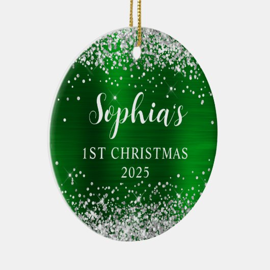 Silver Glitter Green Faux Foil 1st Christmas Photo Keramisch Ornament (Rechts)