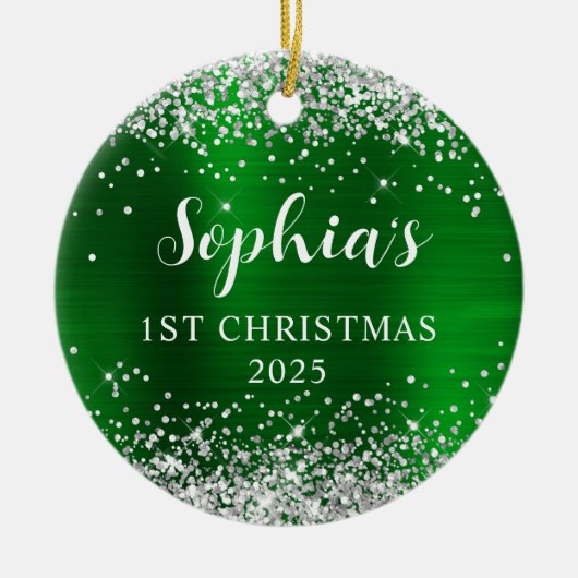 Silver Glitter Green Faux Foil 1st Christmas Photo Keramisch Ornament (Voorkant)