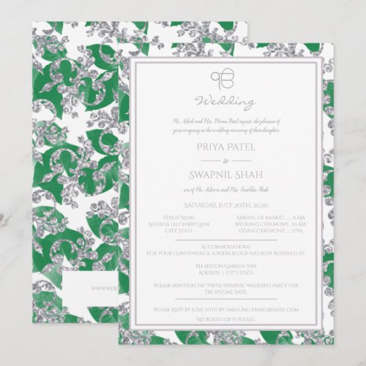 Silver Glitter Green Floral Punjabi Sikh Ek Onkar Kaart (Voorkant / Achterkant)