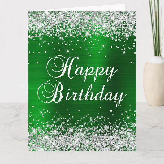 Silver Glitter Green Folie Big Happy Birthday Kaart (Voorkant)